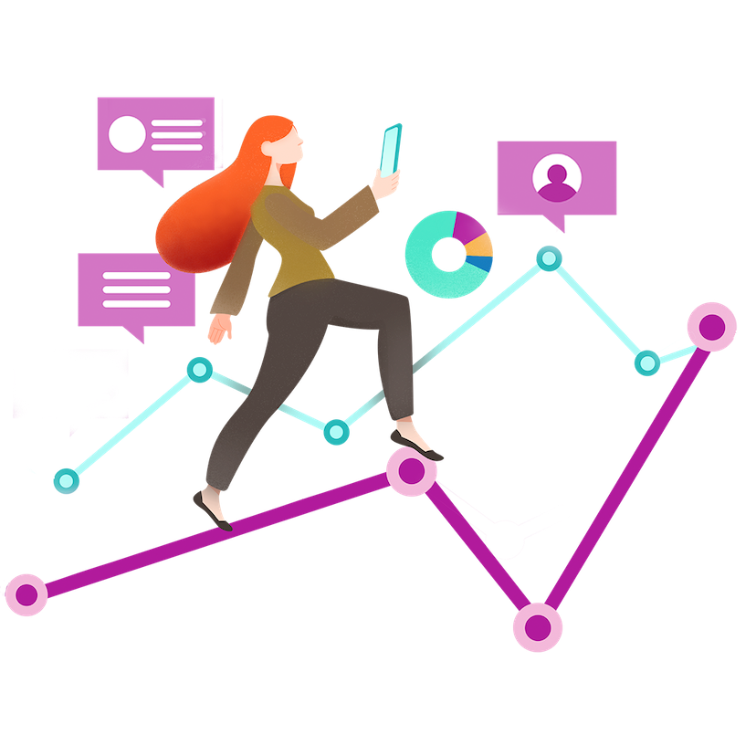 Meltwater illustration of a woman walking on reports with social media icons