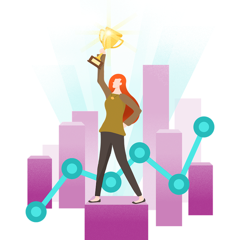 Meltwater icon of a woman holding up a trophy with reporting icons and a diagram in the background