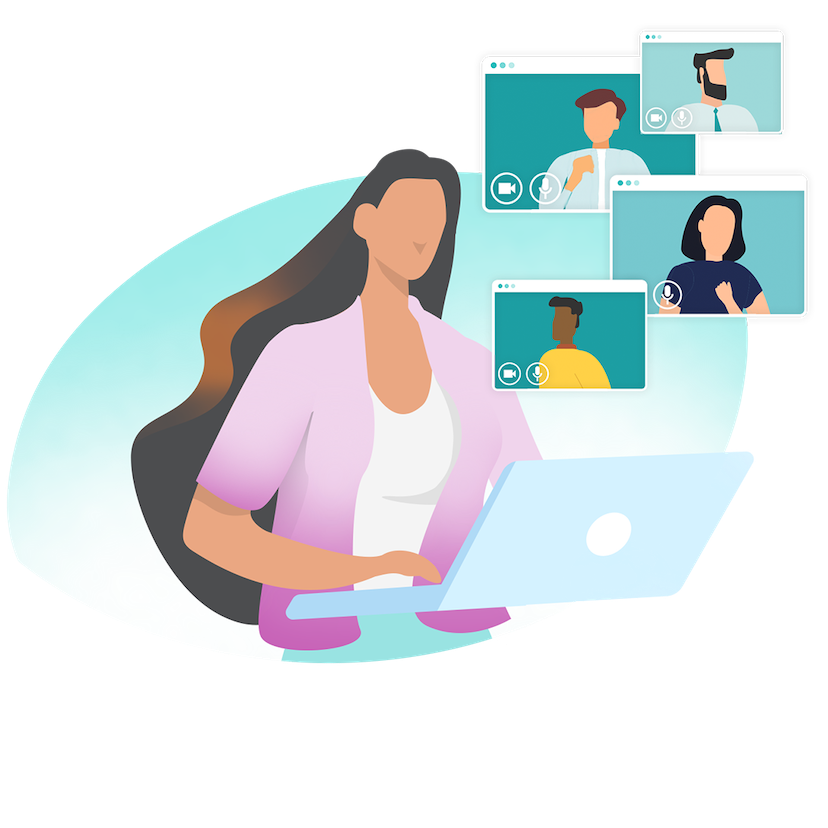 Graphic illustration of a woman in front of her laptop doing video calls