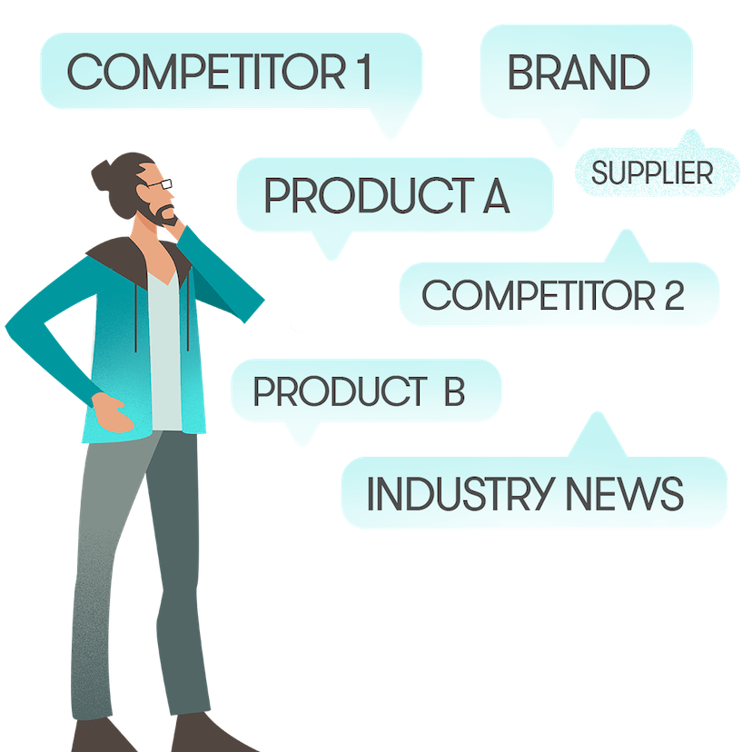Graphic illustration of a man thinking about its brand, competitors and products